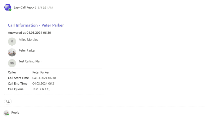 ECR Screenshot Call information