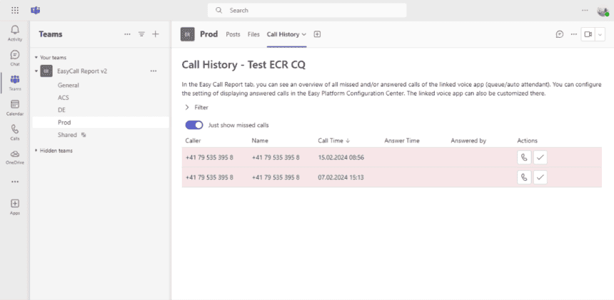 Call History im ECR screenshot