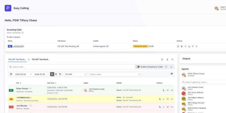 Echtzeit-Monitoring in Easy Calling, live Übersicht aller eingehenden, verpassten und angenommen Calls, inklusive Voicemails