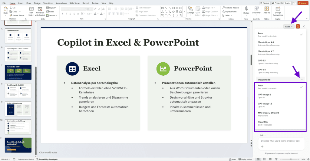 Nahaufnahme des Microsoft Copilot-Auswahlmenüs in PowerPoint für verschiedene KI-Bildgenerierungsmodelle